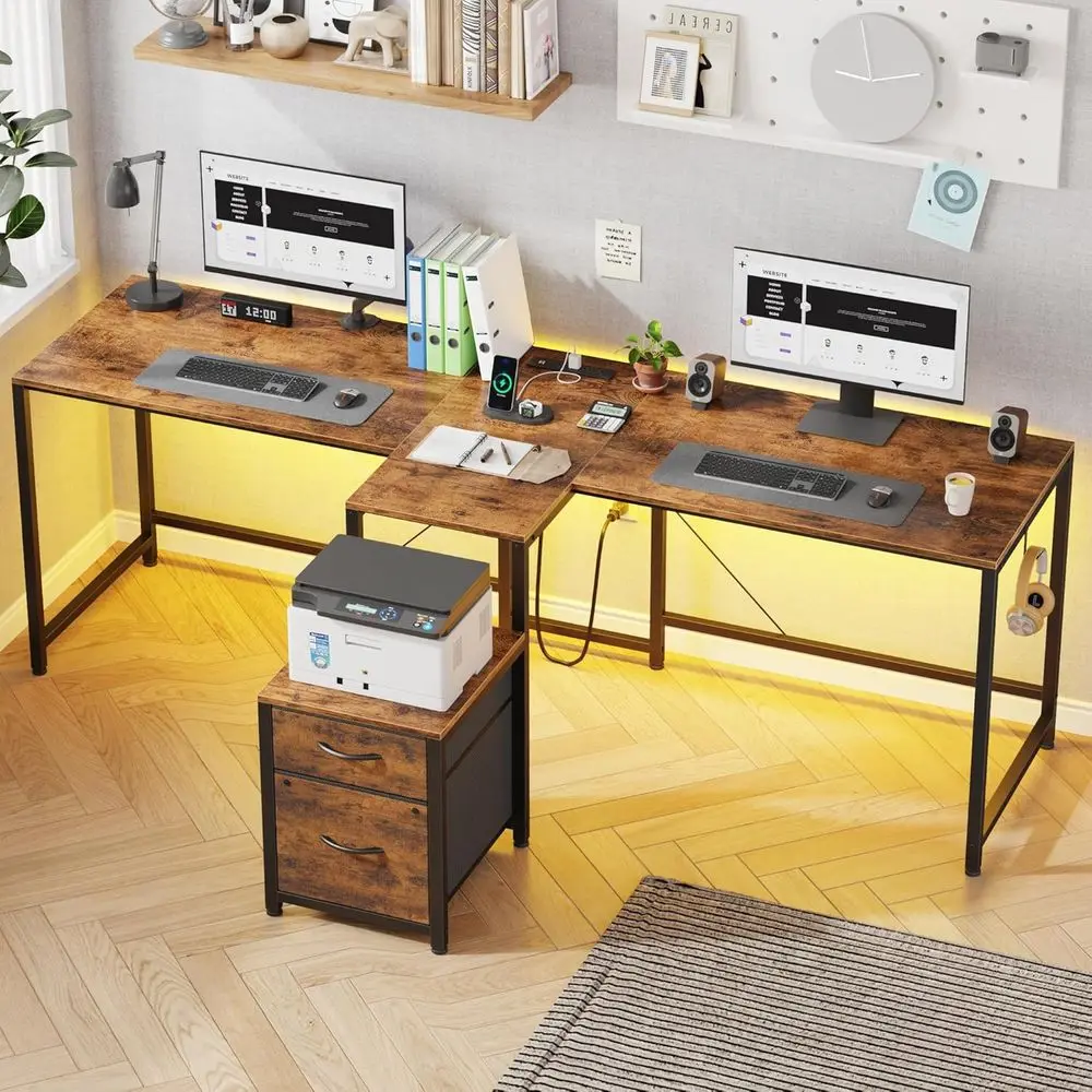 Rustic Brown 81.2 Dual Gaming Desk with Power Outlet, LED & Friction Drawers for Home Office