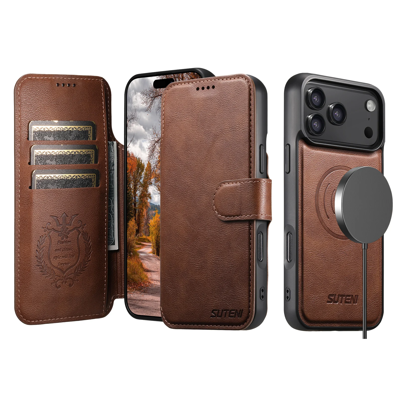 SUTENI Kunstleder Kabelloses Ladegerät Kartenhalter Ständer Brieftasche Magnetische Klapphülle Handyhülle für iPhone 18 Pro Max 17 16 15 14 – Detail 6