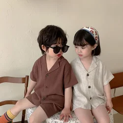 2021 Summer New Girls Clothes V-neck Single Breasted Shirt and Linen Shorts 2 Pcs Boys Suit