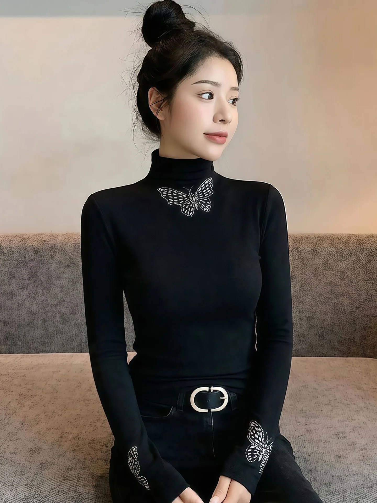 

Модный женский вязаный топ с высоким воротником, облегающий, с контрастными вставками, повседневный, теплый базовый слой, новинка весенней коллекции