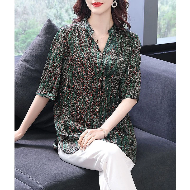 2023 New Summer Vintage Fashion Print V Neck Loose Short Sleeve Tunic Ladies Tops Blouses Casual Irregular Women Shirts Clothing