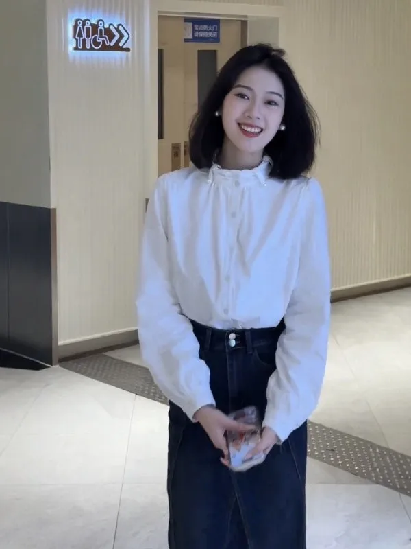 

Ele White Long Sve Stand Collar irt Women's Faionable Spring Commute Cotton Polyester Stand Fit T-irt