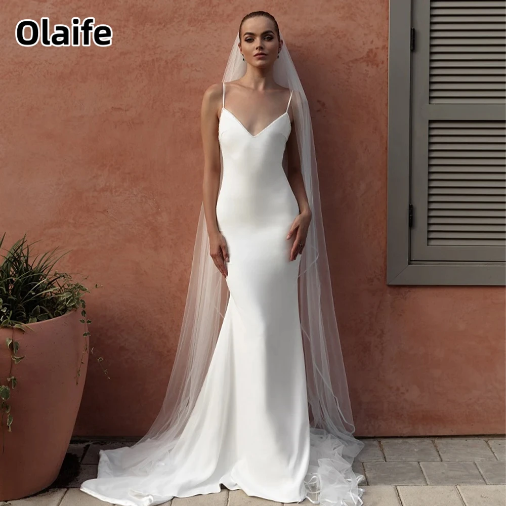 Olaife Sexy Spaghetti Straps V-neck Corset Back Sweep Long Mermaid Wedding Dresses Sweep Train Custom Made Vestido De Noival