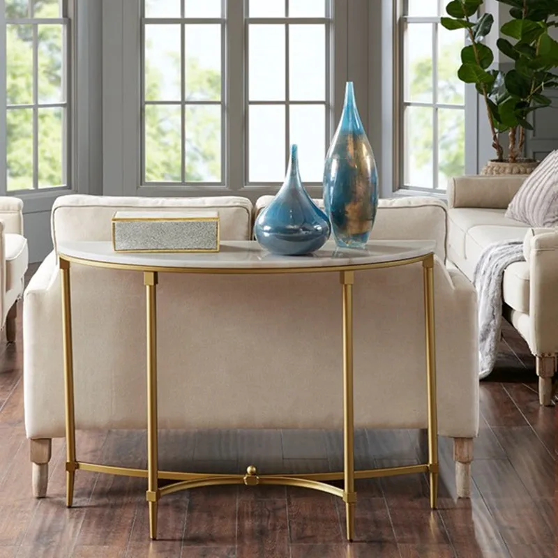 

Nordic marble semicircular entrance table wrought iron foyer narrow table modern wall sofa back cabinet case table end view tabl