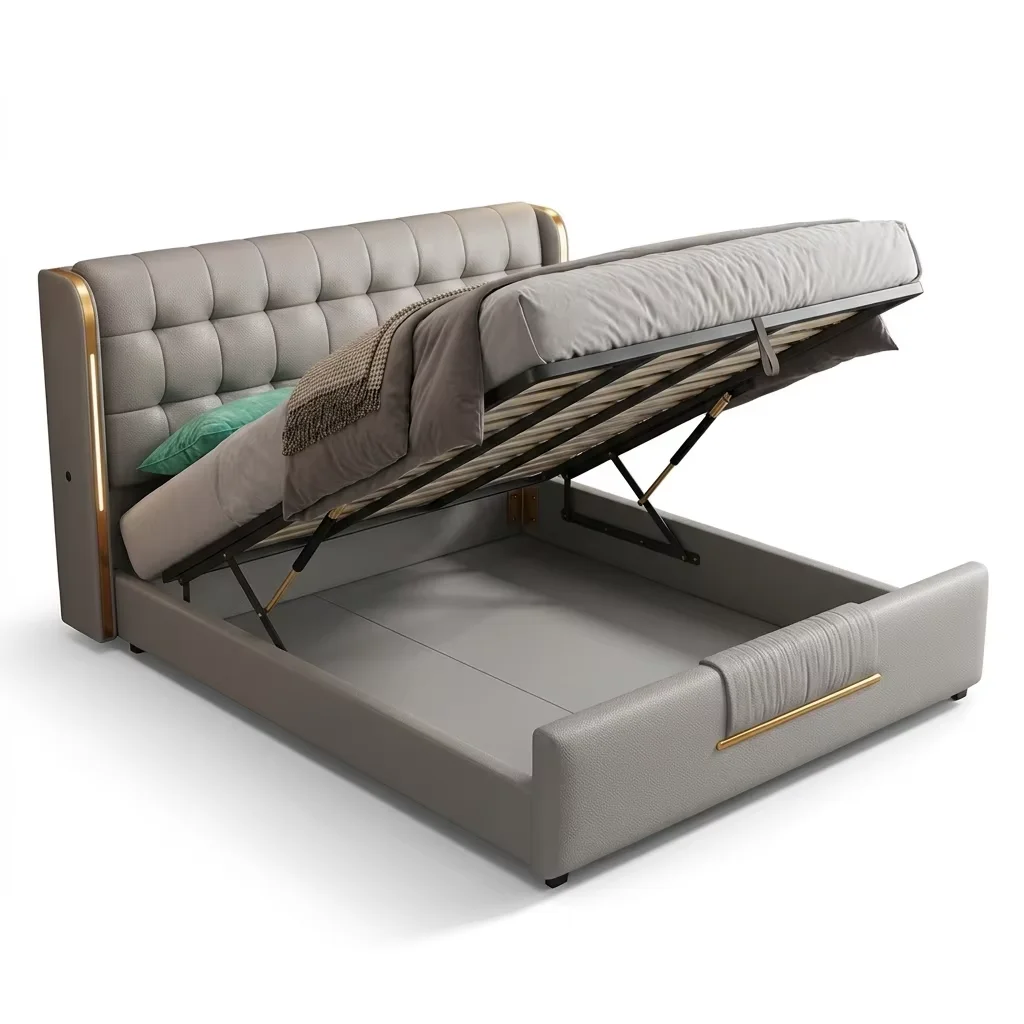 ^Modern Italian Smart LED Light Luxury Soft Bed-Premium Nappa Leather Upholstered Queen Bed Frame Storage Wholesale Furnitur