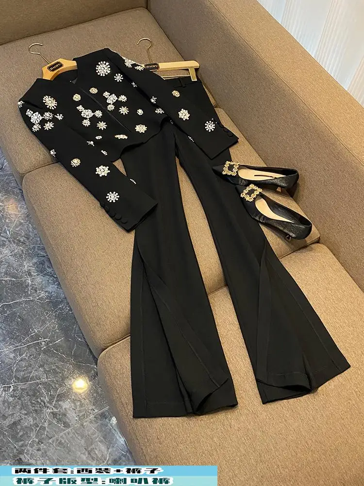 

Bla round Ne Heavy Embellied ort Jaet Верхняя одежда с расклешенными брюками Женский комплект из двух предметов A83 Осенняя коллекция