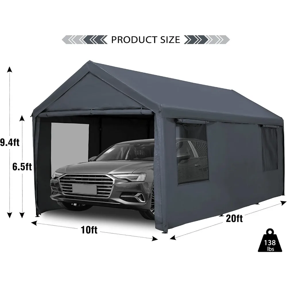 12x20ft Carport Canopy with Removable Sidewalls & Doors， for Boat，Party，Outdoor Camping Tent，UV Resistant，Portable Garage