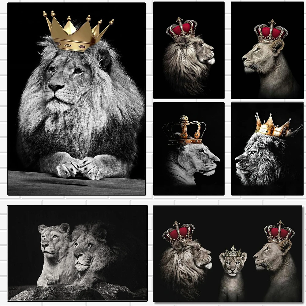 

African Lion Kings Love Family Canvas Painting Modern Animal Royal Black White Wall Art Poster Print Fashion Pictures Room Decor