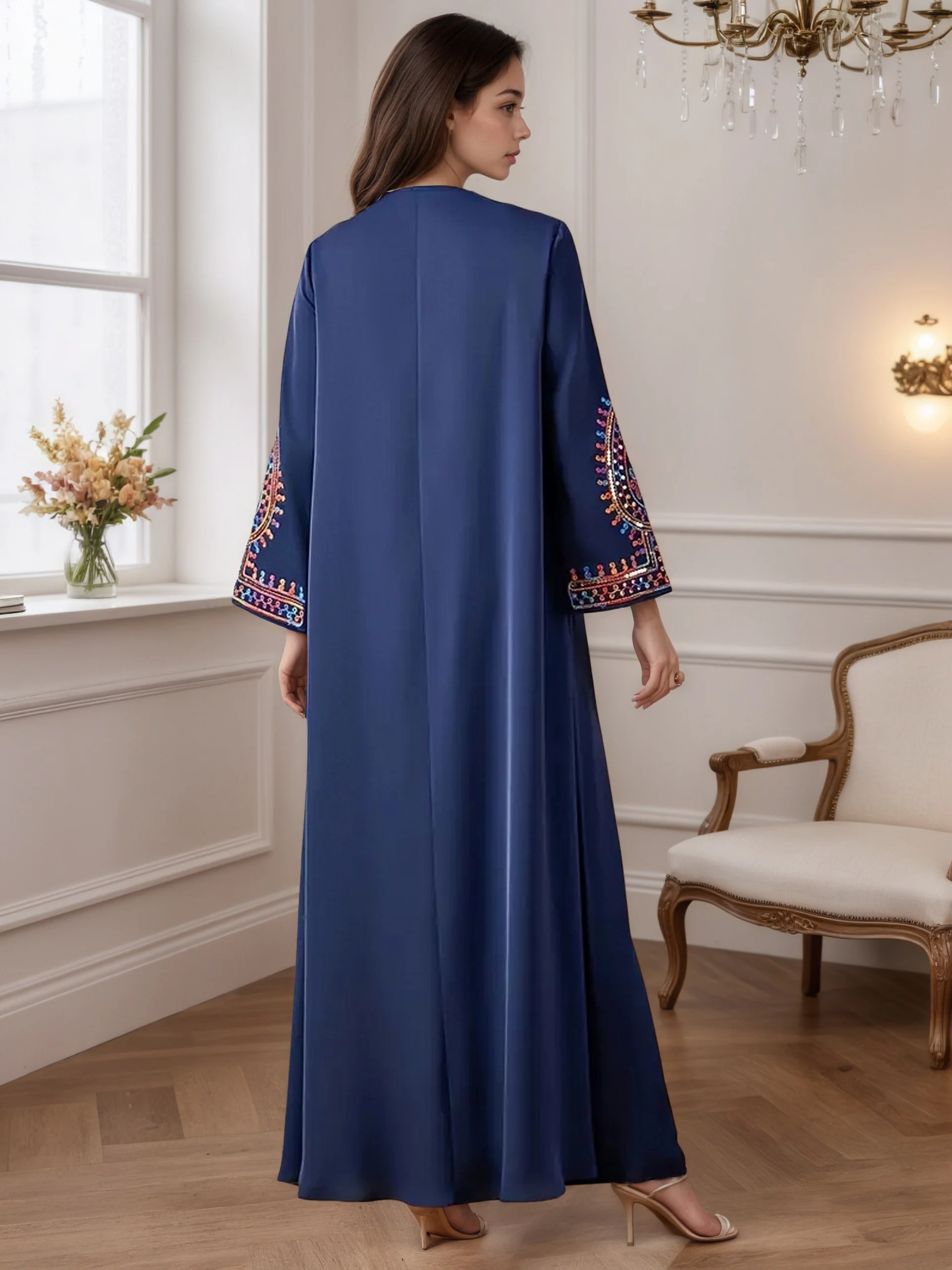 2025 Hot Sell Moroccan Style Islam Women Navy Blue Abaya Intricate Hand Embroidered Patterns for Arabian evey Cultural Festivals
