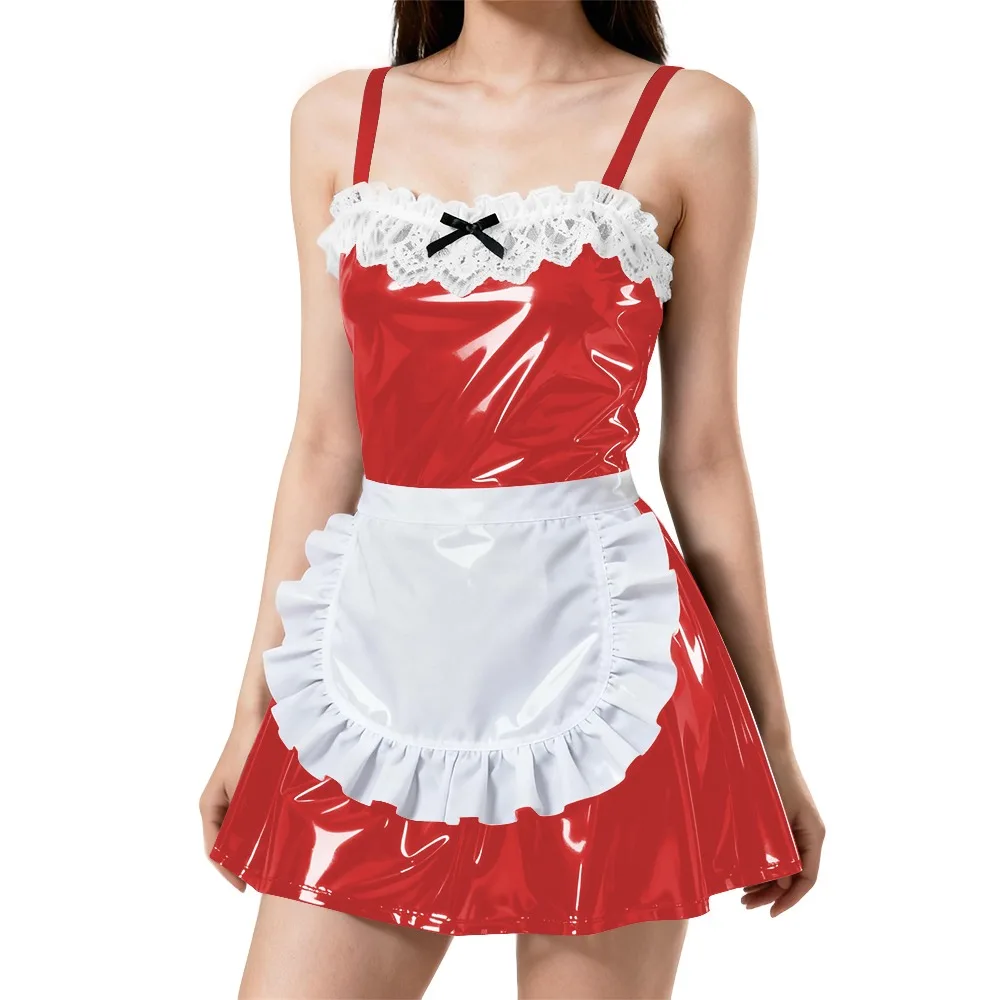

Womens Sexy Spaghetti Straps Apron Maid Dress PVC Patent Leather A-line Pleated Mini Maid Dress Wetlook Maid Cosplay Outfits 7XL