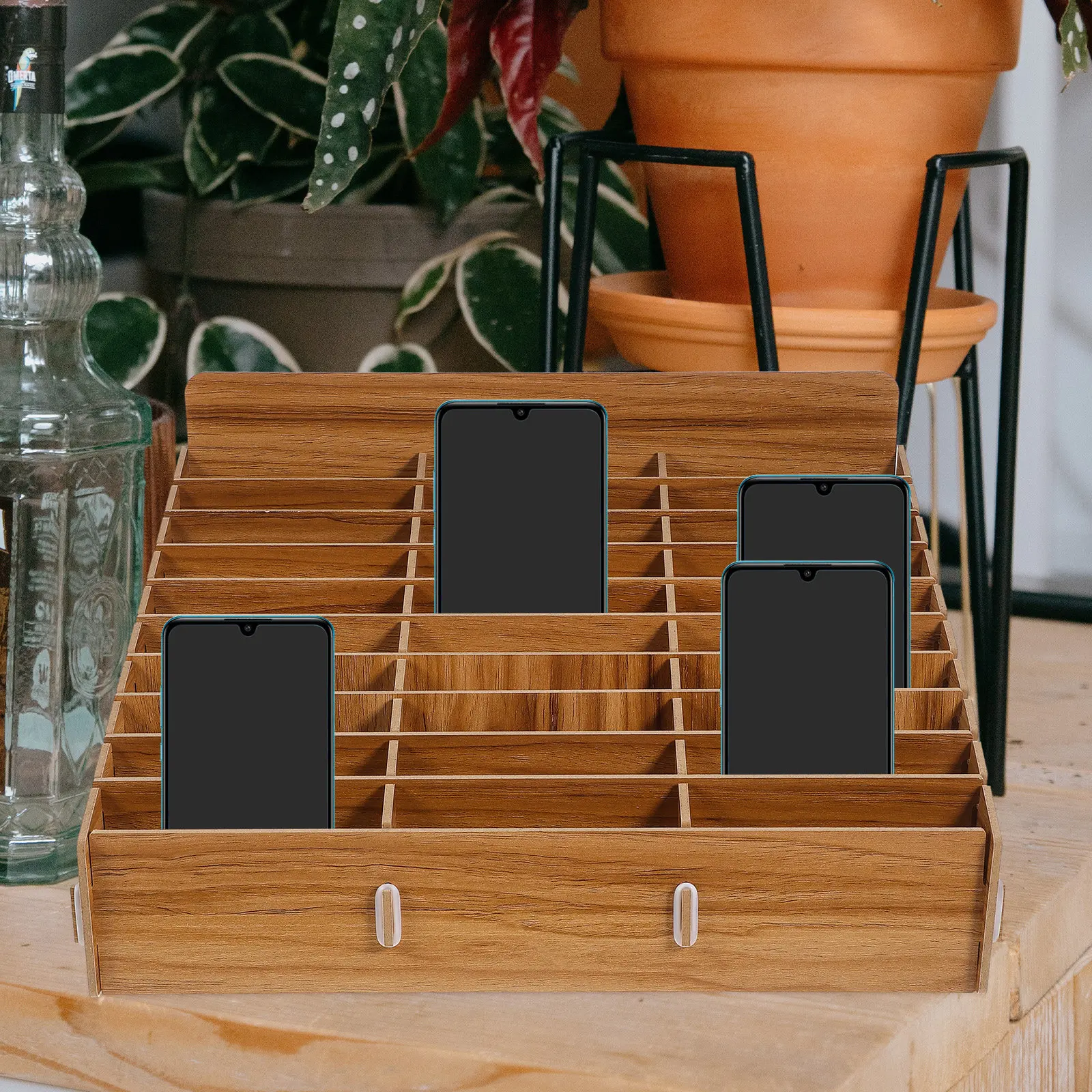 Wooden Multi-Grid Phone Storage Box 30-Compartment Desktop Organizer for Students Colleagues Teachers Home Office Desk Tidying