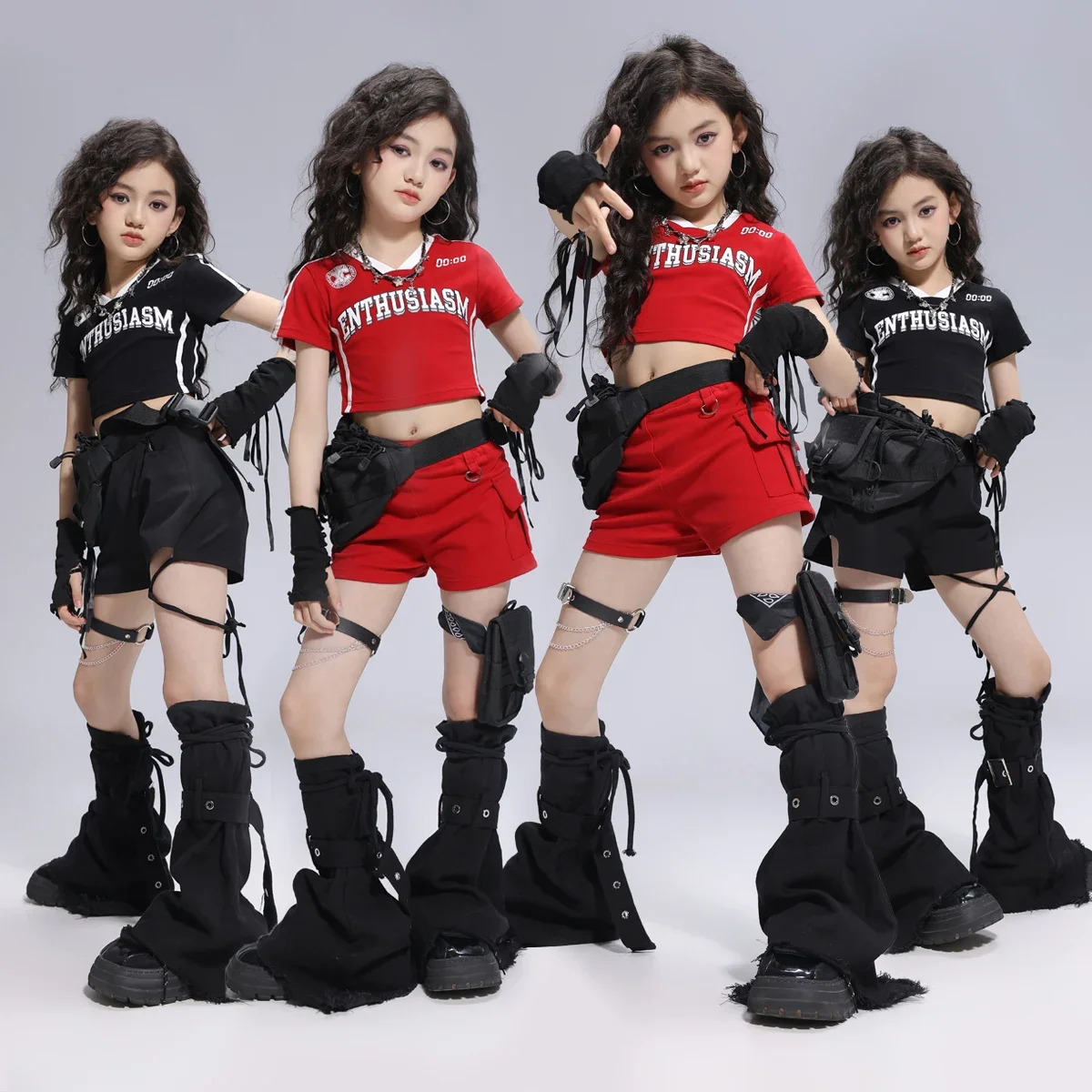 Hip Hop Mädchen K-Pop Rot Crop Tops Street Dance Shorts Kinder Ballsaal Sweatshirt 2-teiliges Kleidungsset Kinder Jazz Bühnenkostüme