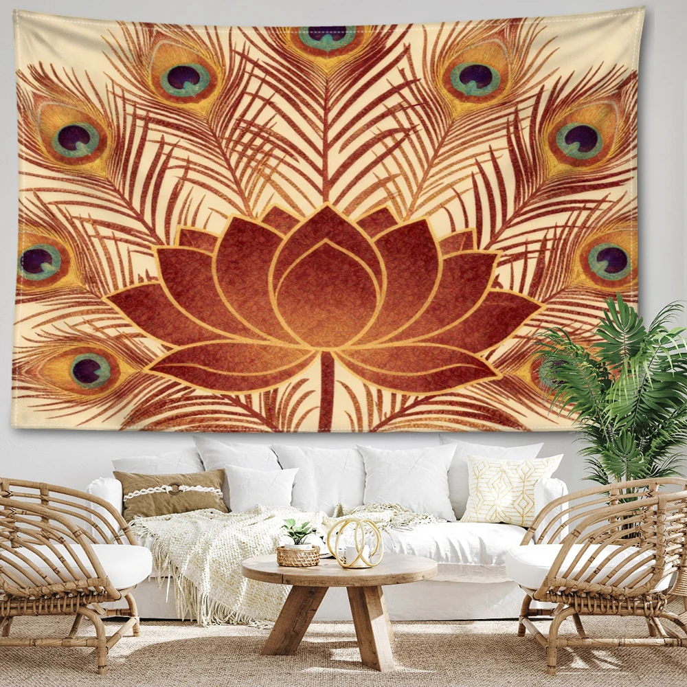 Ivory Lotus Peacock Symmetrical Wall Tapestry, Elegant Boho Decor