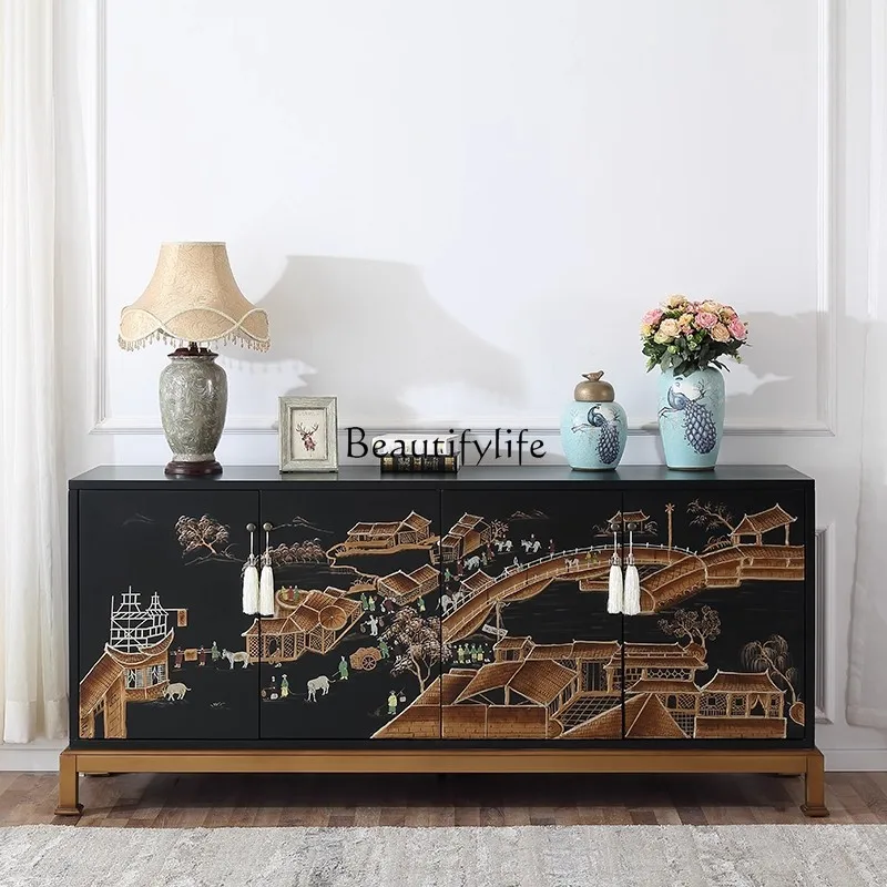 

Chinese hand-painted Qingming Shanghe diagram, side cabinet, foyer, entrance cabinet, household living room