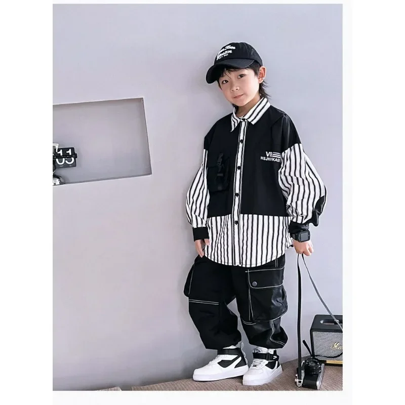 

2024 New Boys' Shirt Spring and Autumn Children's Handsome and Versatile Fashion Shirt Boys' Stripe Spliced Personalized Top