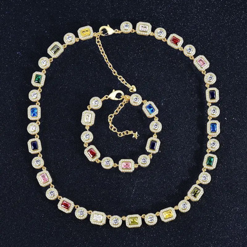 Eye‑catching hip hop men cushion frame colorful crystal tennis set adjustable necklace bracelet for rapper night dating events