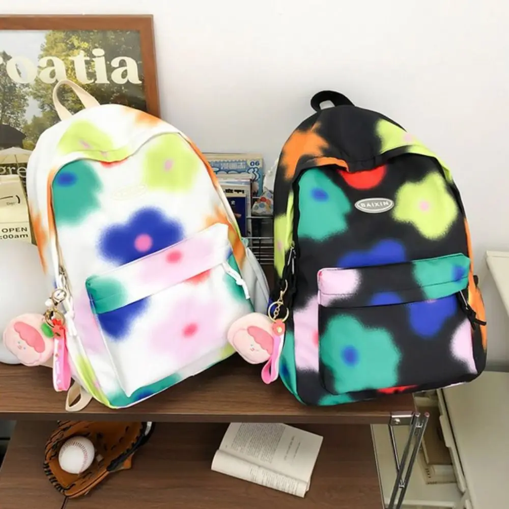 Mochila de flor de grande capacidade, estilo coreano graffiti, bolsa de ombro com pingente, bolsa escolar floal criativa colorfu para estudante