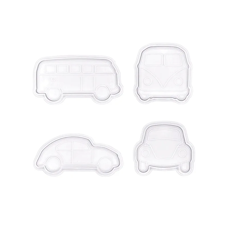 New 3D 4pcs Car Vehicle Bus Cookie Stamp Press Type Frosting Biscuit Cutter Cake Mold Baking Tool Mould Fondant Muffin Chocolate
