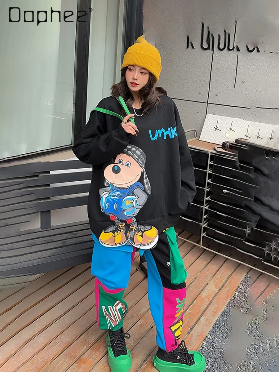 

Cargo Pant Sets Women Cartoon Printing Crew Neck Color Matching Long Sleeve Sweatshirt and Sweatpants Two-piece Sets 2025 Spring