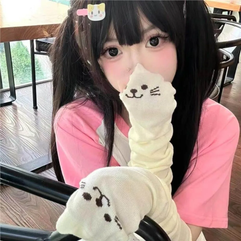 Kawaii أصابع كيتي باو أكمام أذرع تبريد تنفس الأشعة فوق البنفسجية حماية القط مخلب غطاء للذراع رقيقة القطن القط طويلة الأكمام الفتيات