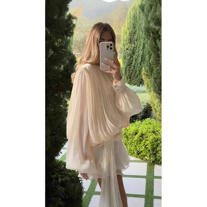 

Solid Blouse Mini Dresses For Women V Neck Long Sleeve Spliced Lace Up Sweet Style Dress Female Clothing Fashion