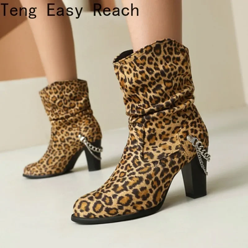 

Pleated Mid-calf Boots for Women Shoes Block Heeled Chain Ankle Boots Casual Women's Autumn Winter Shoes Black Leopard Size35-46