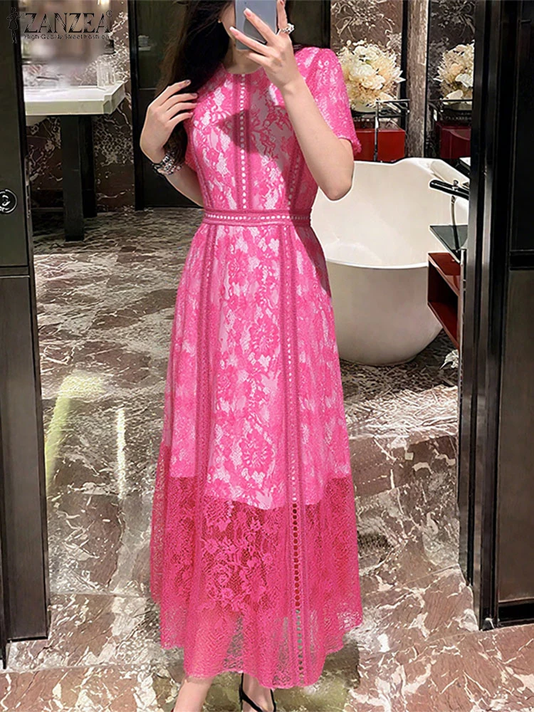 

ZANZEA Vintage Lace Dress Elegant Women Sundress Summer Party Vestido 2025 Casual Hollow Out Short Sleeve Robe Fake 2-piece Sets