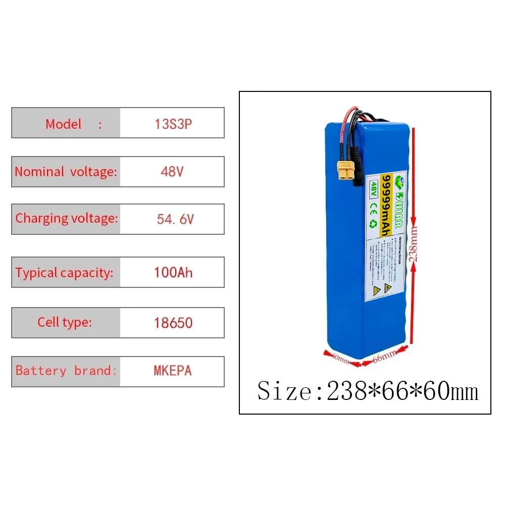 13S3P 48V Battery 99.99Ah Lithium-ion Battery Pack with 1000W BMS for 48V E-bike Electric Bicycle Scooter+54.6V Charger