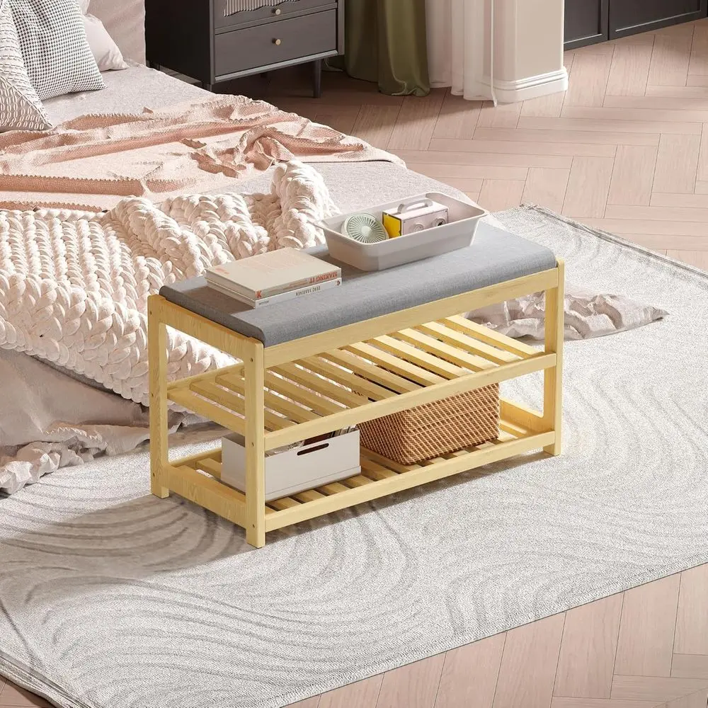 3-stöckige Schuhregalbank aus massivem Holz mit Stauraum, gepolstertem Sitz, für Eingangsbereich, Flur, Schmutzfänger – natürliches Finish