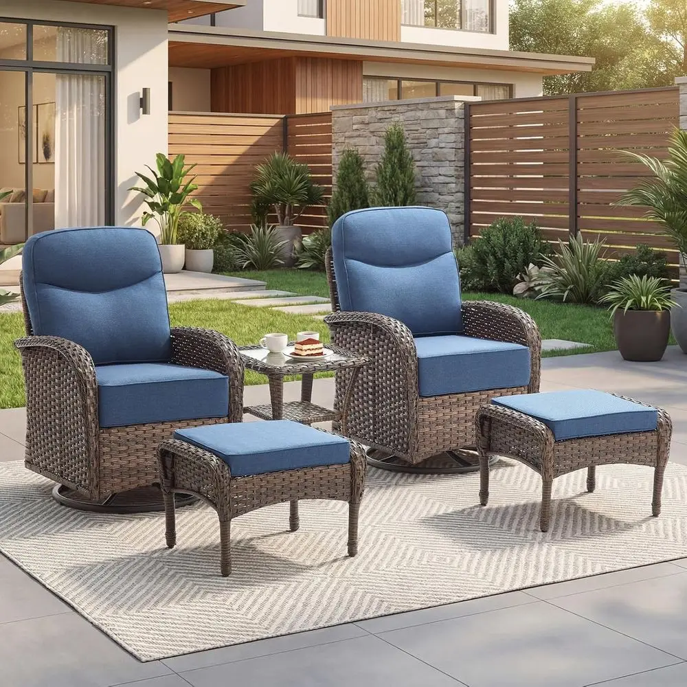 

5-Piece High-Back Swivel Rocking Chair Set with Thick Cushions, All-Weather Wicker for Balcony and Patio, Brown/Blue