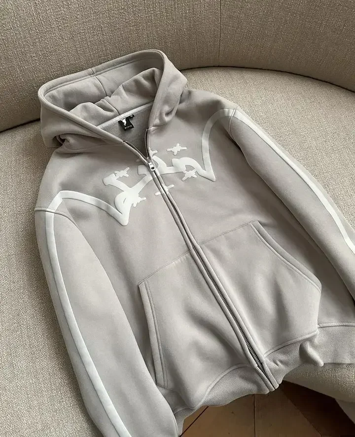 

Street fashion retro foam printed zipper jacket personality solid color loose design sense daily simple cardigan sweater top