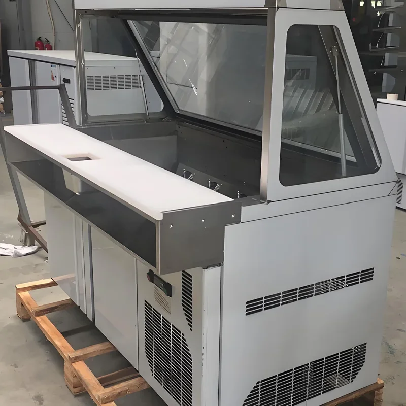 Good I Bindose Restaurant Stainless Steel Automatic Defrost Open Display Salad Preparation Refrigerator Counter Pizza Table With