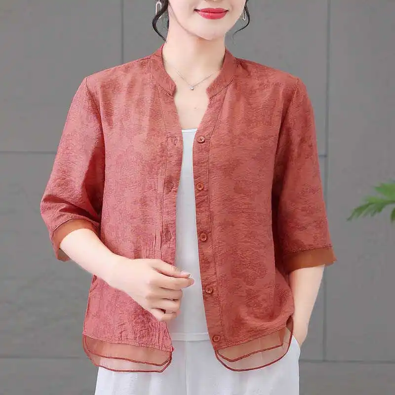 

Spring Summer Lightweight Cotton V-Ne Mid-Sve irt Loose Casual Print Top for Women Faionable Anti-Aging