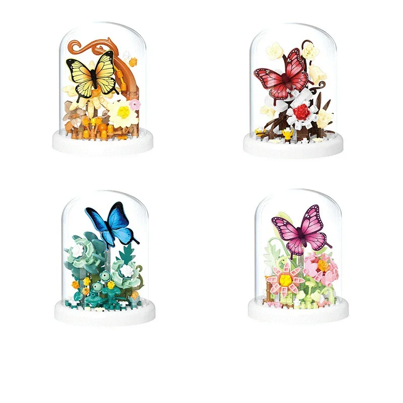 

Flower Butterfly Building Blocks Micro Particle Flower Pot Assembly Plant with Display Case DIY Home Desk Decor Girls Gift