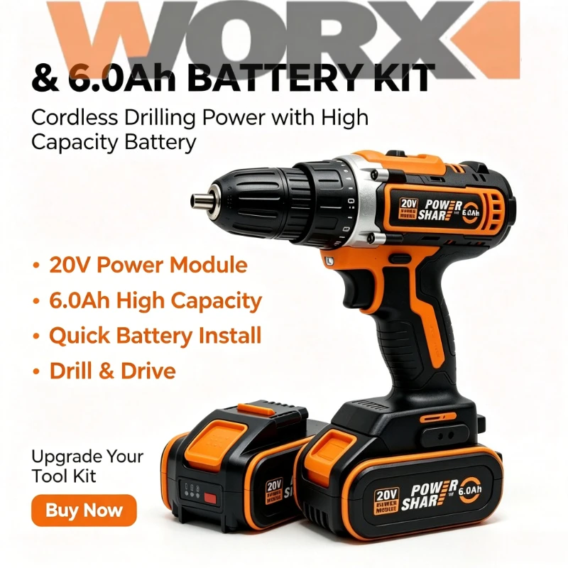 Worx Batteries 20V Max 6.0Ah High-Capacity PowerShare Battery WA3575 WA3578 Replacement for Worx 20-Volt Cordless Hand Tools