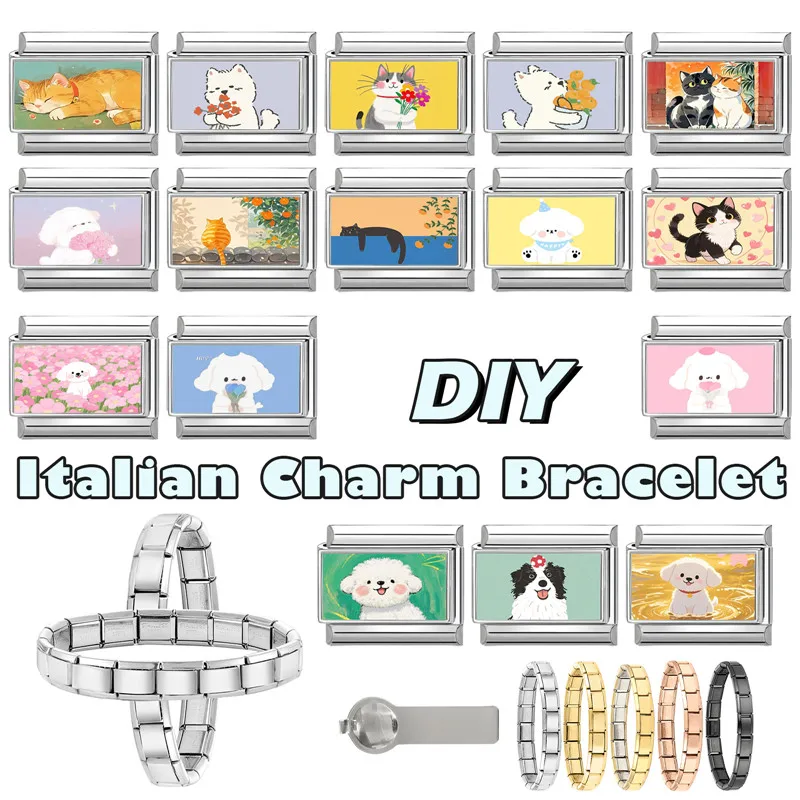 جديد جميل الحيوانات الأليفة القطط والكلاب وصلات سحرية إيطالية تناسب 9 مللي متر سوار الفولاذ المقاوم للصدأ النساء الرجال DIY بها بنفسك صنع المجوهرات #5