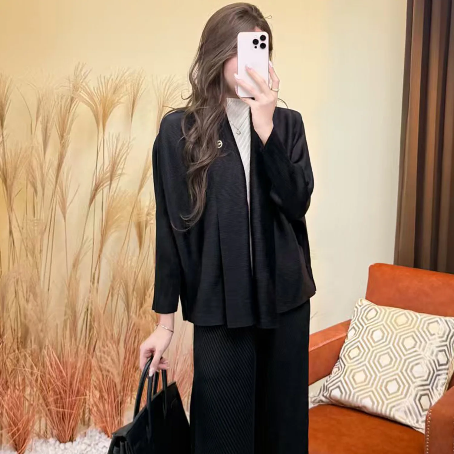 معطف خريفي مطوي من Miyake، بلوزة نسائية فضفاضة وغير رسمية متعددة الاستخدامات، سترة صوفية عصرية وبسيطة وراقية، لون خالص