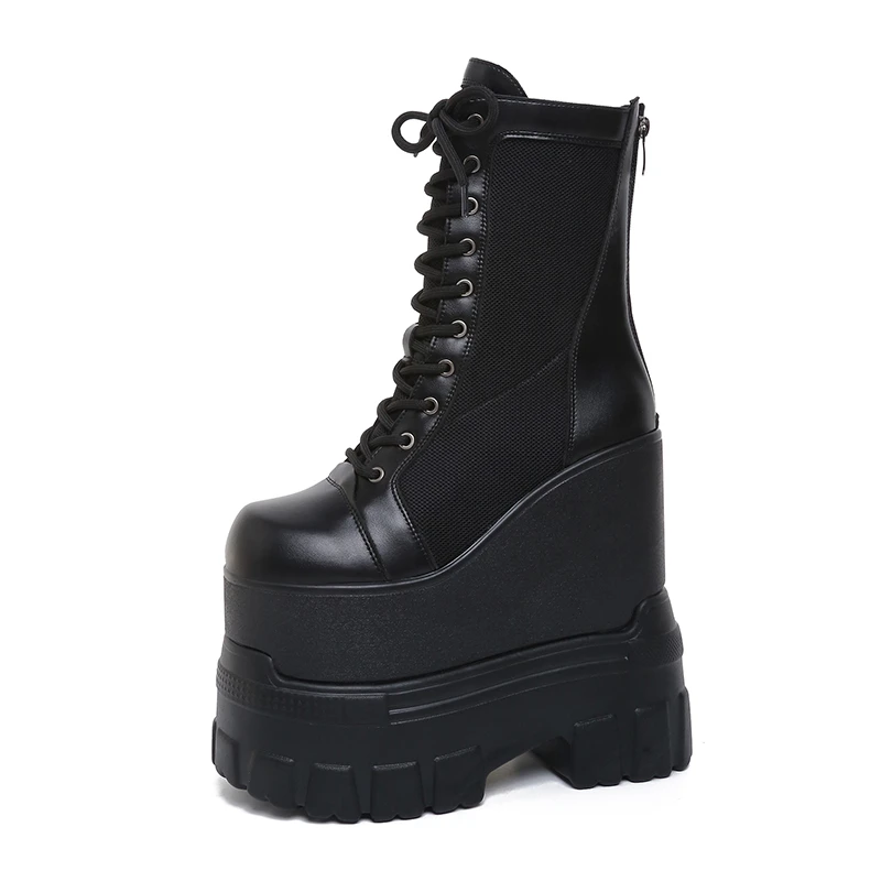 18cm Punk-Style Damen Plateau-Keilabsatz-Stiefel Herbst Winter Weiches Leder Mode Metall Schnürung Hoher Absatz Gothic Schuhe Schwarz