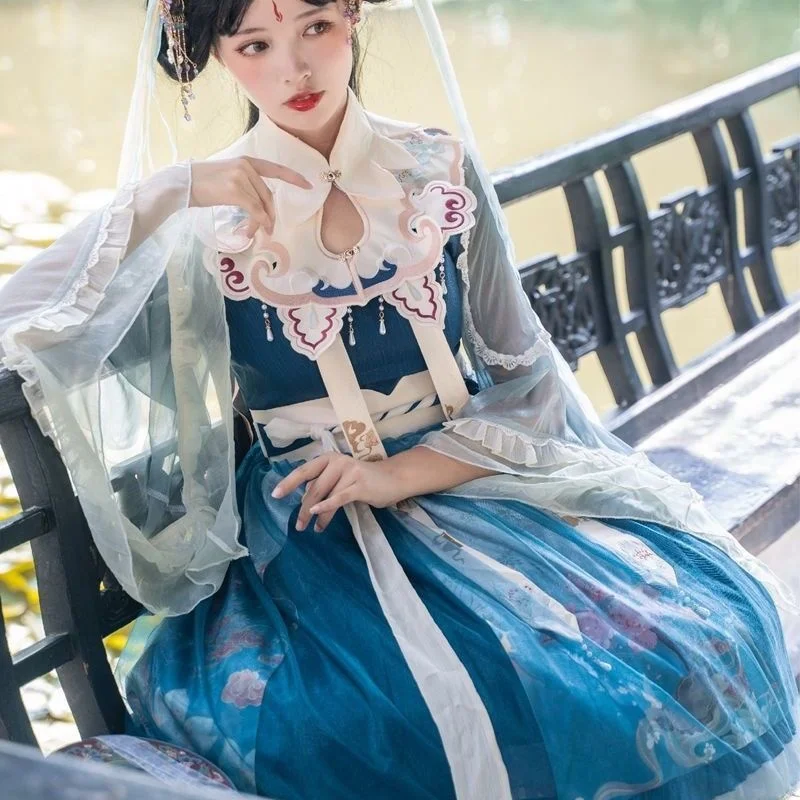 Full Set Moonlight Lake Op Long Sleeve Lolita Han Elemental Ancient Style Cloud Shoulder Lolita Dress Fairy Hanfu