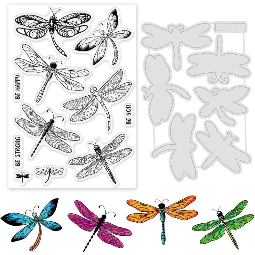 Libellen-Stanzformen, Tier-Stanzformen und transparentes Stempelset, verschiedene Libellen-Prägeschablonen und Stempel