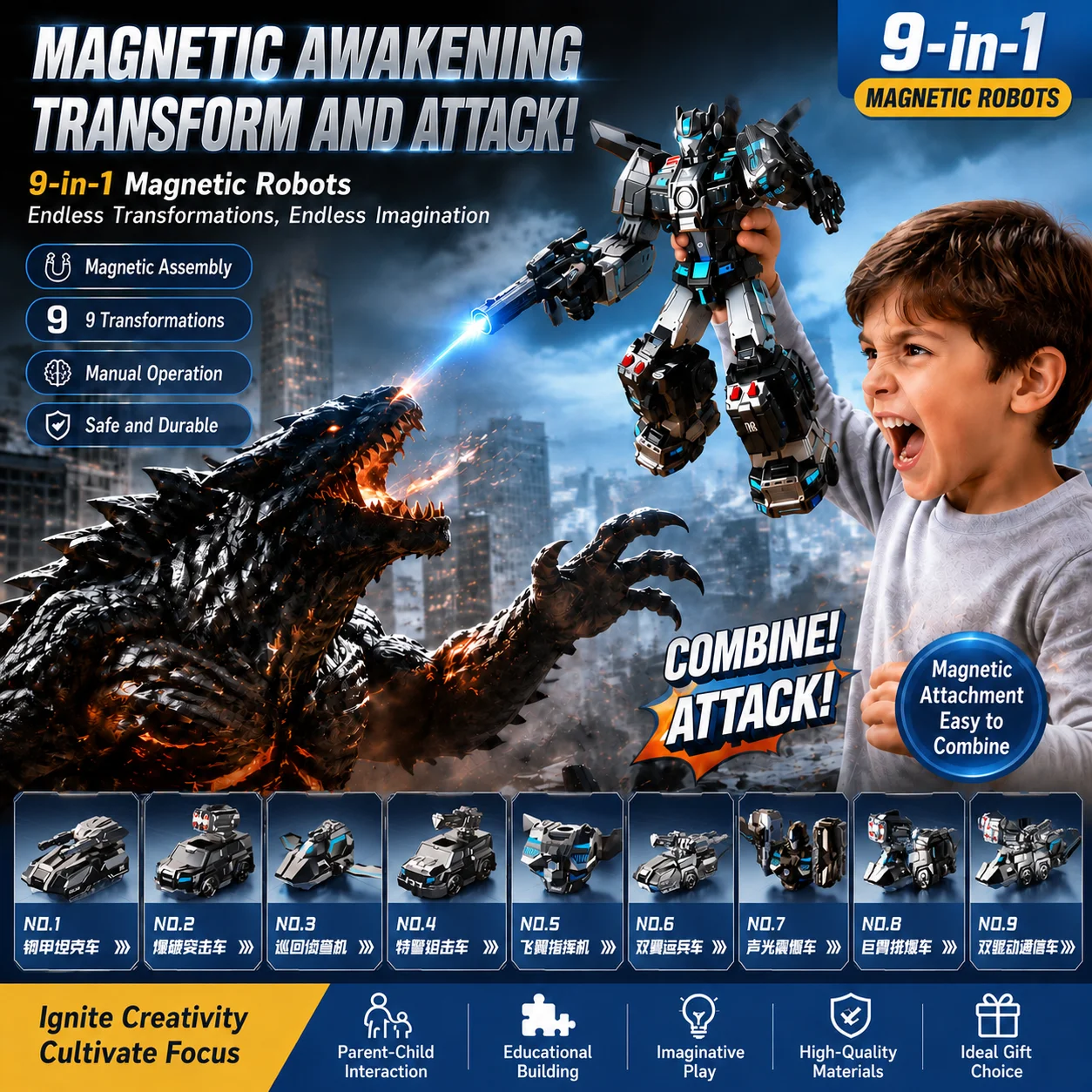 Magnetic Blocks Robot Building Set, STEM Construction Toy with Transformable Vehicles, Birthday Gift for Boys Kids