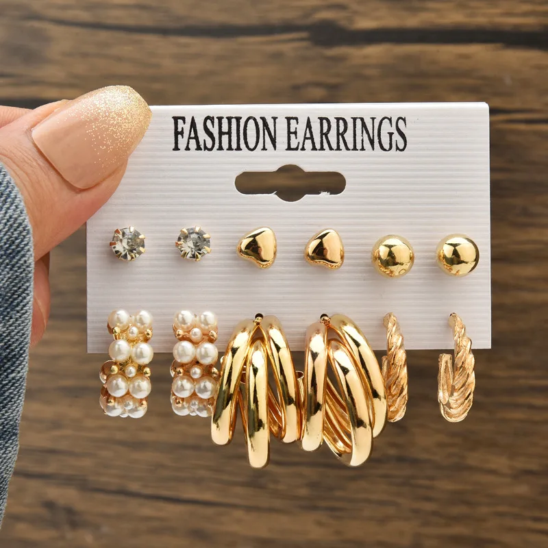 Baroque Retro Gold Hoop Earrings Set, 6-Piece Faux Pearl Inlaid French Royal Style, Influencer Hot Ear Jewelry Combo