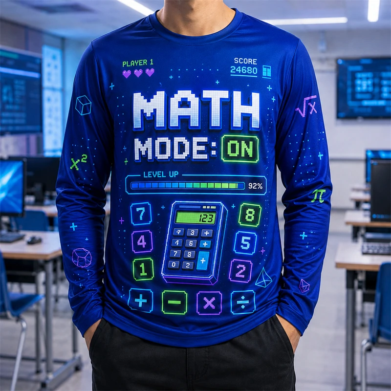 Long Sleeve T Shirt Men Math Mode On Gaming Style Calculator 3d Print Round Neck Tee Back To School Casual New Tops Kids Unisex