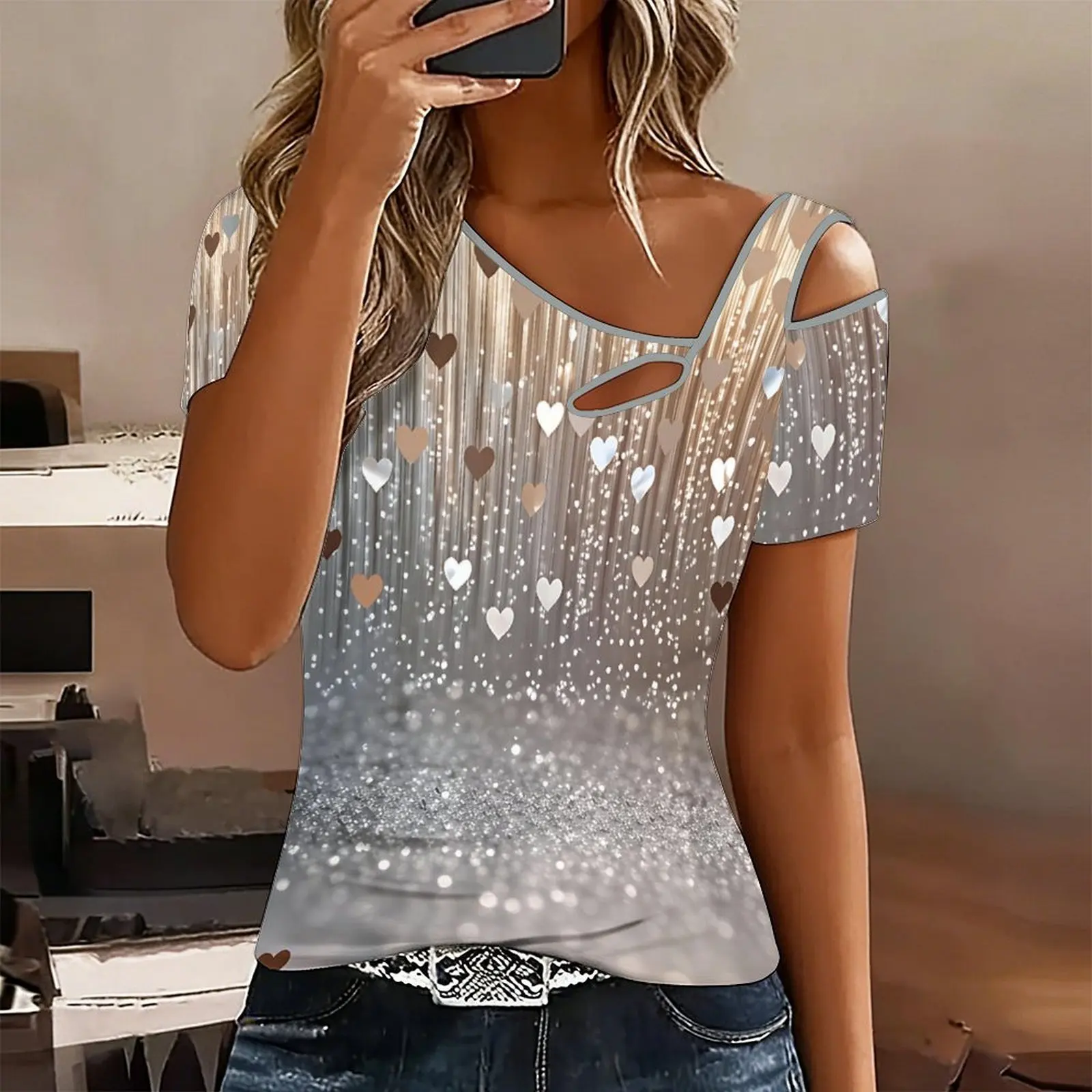 Spring/Summer Women's Fashion Tops Elegant  Slanted Shoulder Short Sleeved  Beach Oblique Shoulder T-shirt