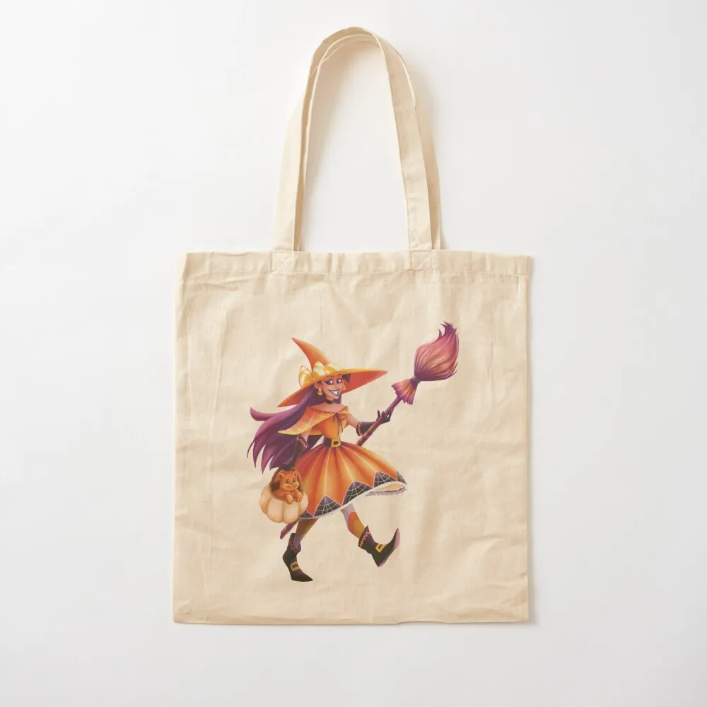 Witch with her magic broom and her orange cat in a pumpkin Tote Bag shopper bag women foldable reusable bag Cloth bags