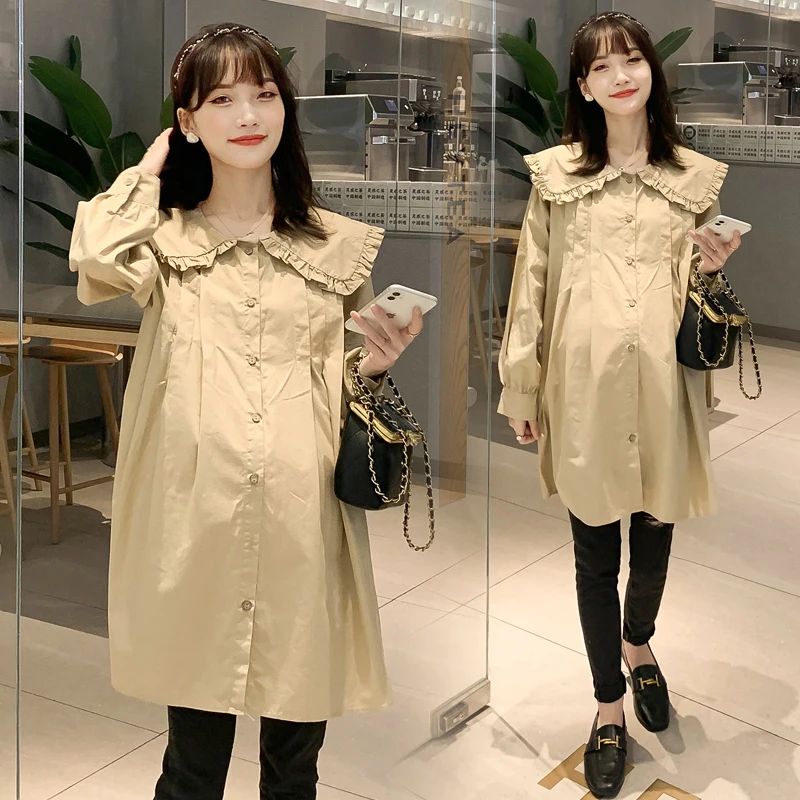 

Korean Style Pregnant Women Fashion Dress Spring Long Sleeve Peter Pan Collar Single-Breasted Maternity Dress Formal Clothes