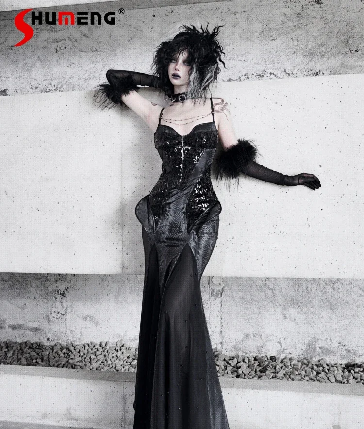 

Christmas Original Design Gothic Cosplay Suspender Dress Women's Slim Fit Party Fishtail Dresses Y2k Neck Scarf Gloves New 2024