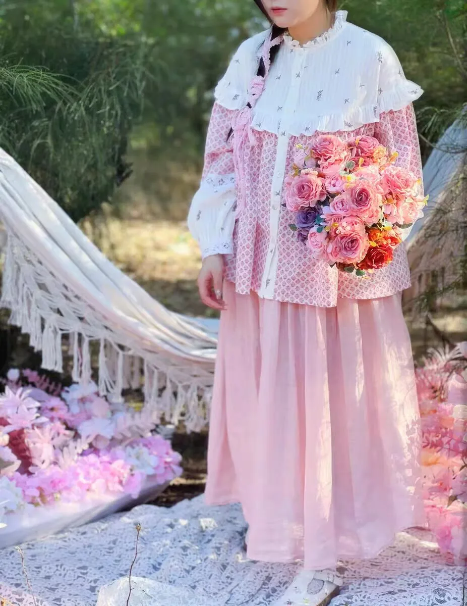 

Loose Cotton Linen Pink Color Vintage Girl Women Patchwork Ruffled Lace Cottage Core Embroidery Blouse Female Retro Lolita Shirt