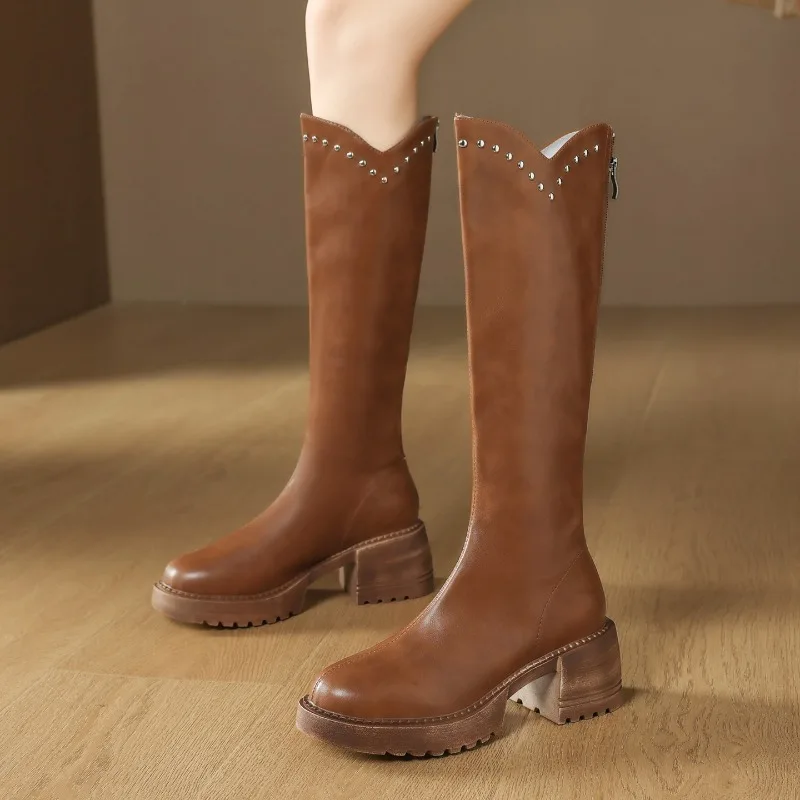 

Women Leather Knee High Riding Boots Round Toe Thick High Heel Zipper Ladies Rivet Long Boot Autumn Winter Shoes