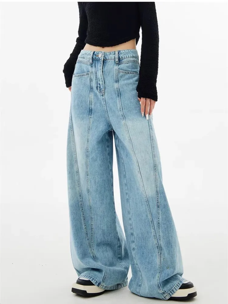 

Teenage Girl Vintage Wash Preppy Loose Straight-Leg Casual Long Flared Denim Jeans